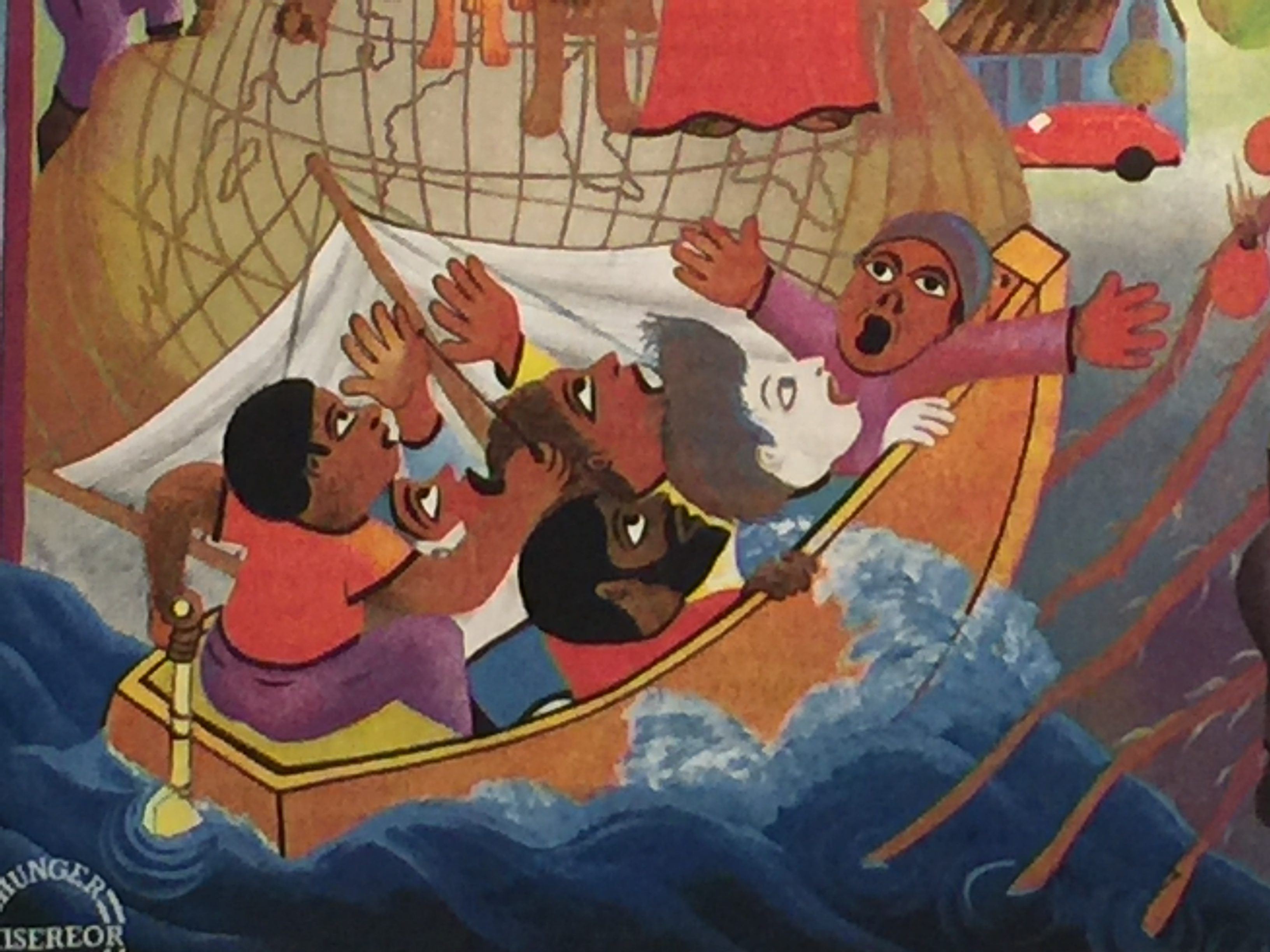 A portion of a painting of people on a boat in a rough sea